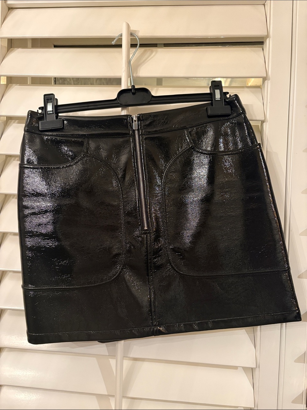 Maje Black Patent Mini Skirt with Front Zip Detail